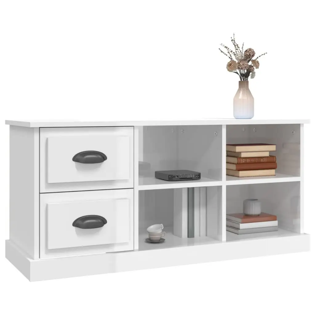 TV Stand Engineered Wood High Gloss White 102cm 2 Drawers 4 Open Compartments for Living Room