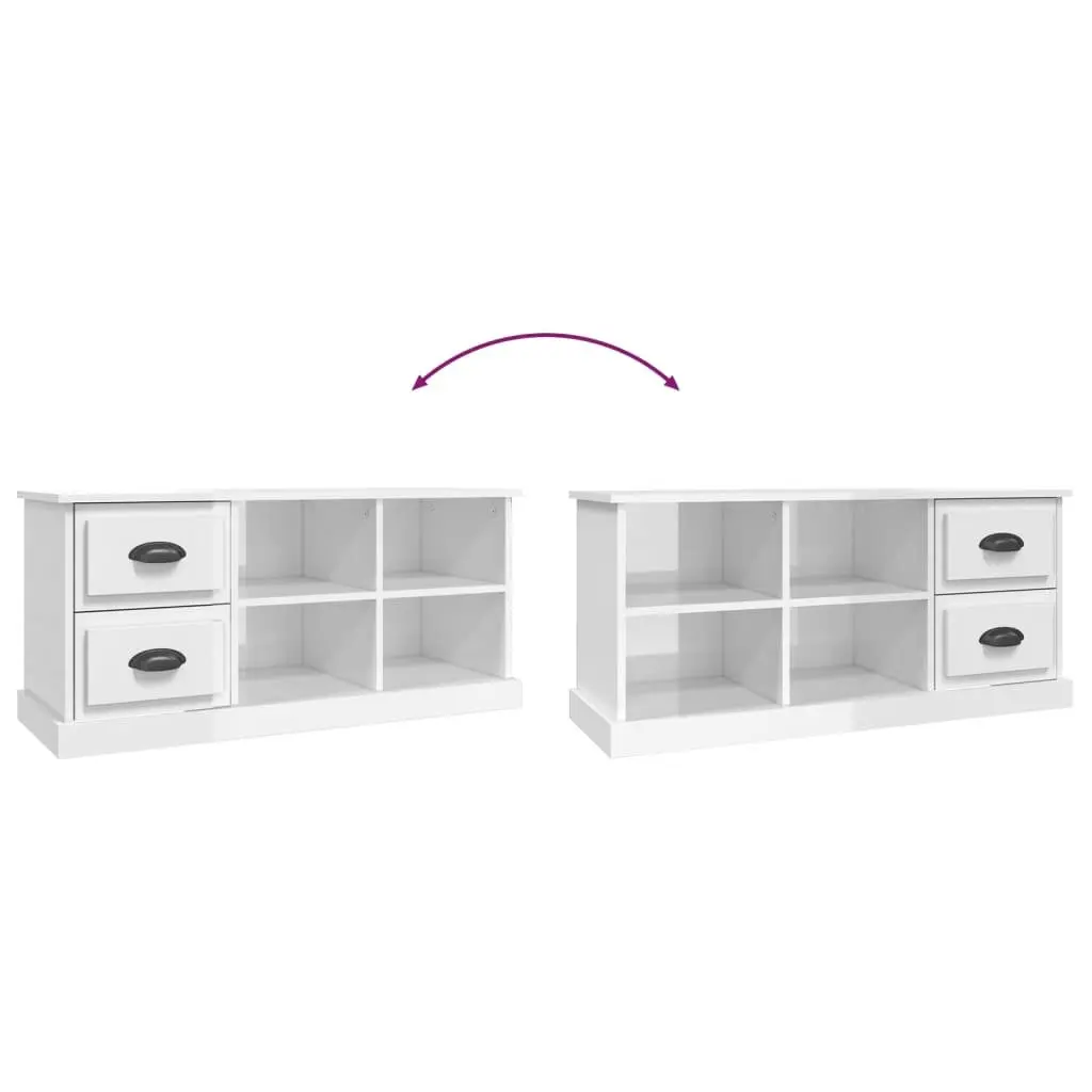 TV Stand Engineered Wood High Gloss White 102cm 2 Drawers 4 Open Compartments for Living Room