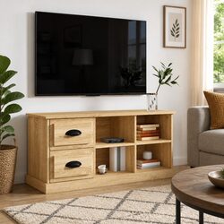 TV Cabinet Brown Engineered Wood Storage Unit with Drawers and Open Compartments