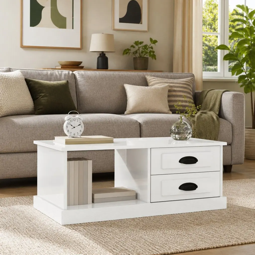 Coffee Table Engineered Wood High Gloss White with Storage Drawers and Compartment