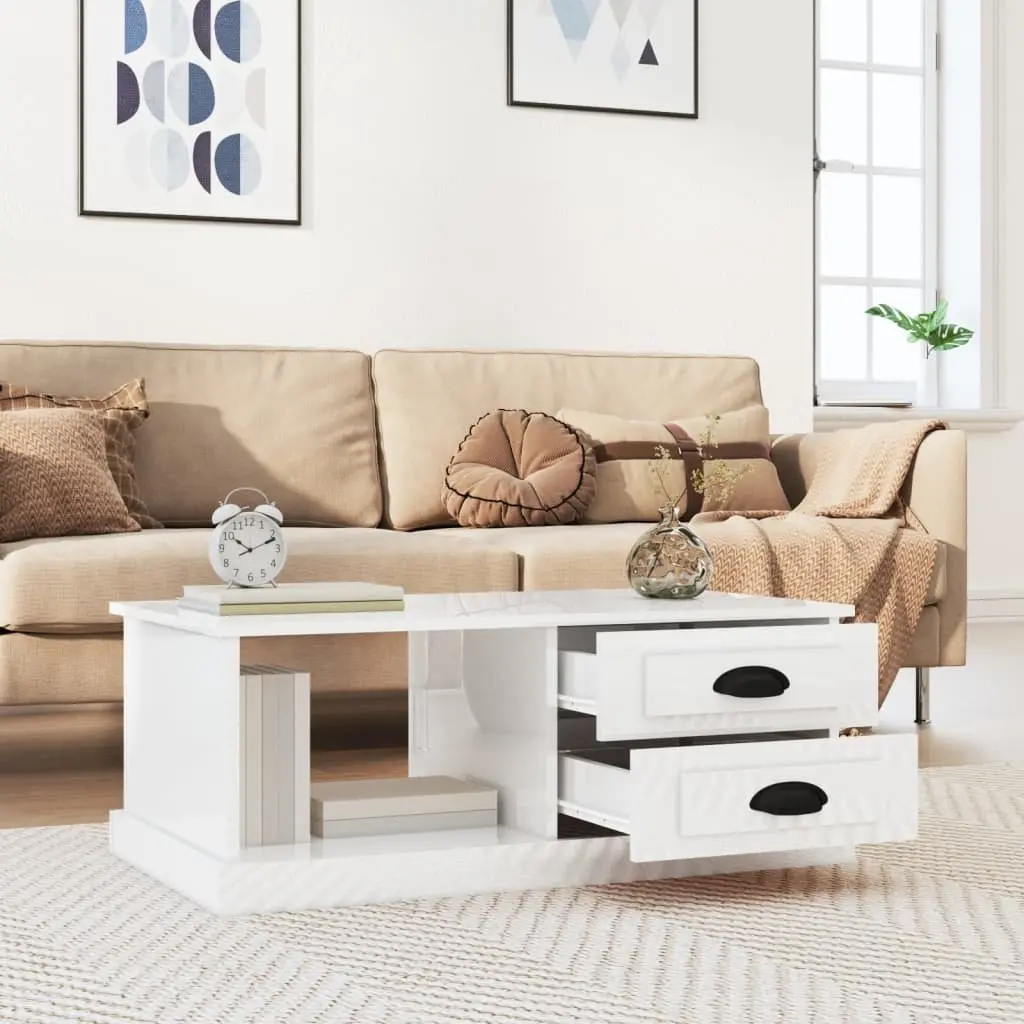 Coffee Table Engineered Wood High Gloss White with Storage Drawers and Compartment