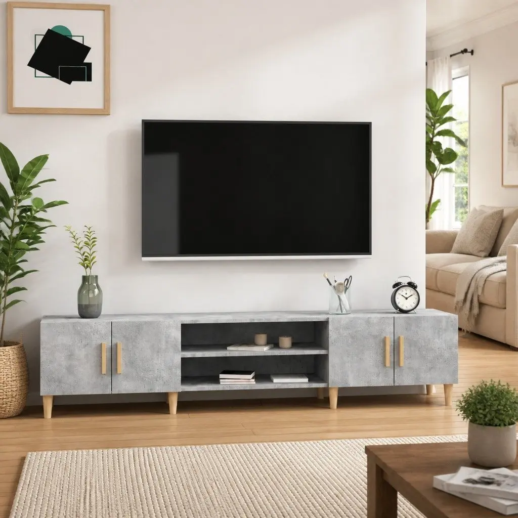 TV Cabinet Engineered Wood Grey 180 x 31.5 x 40 cm 4 Compartments 4 Doors