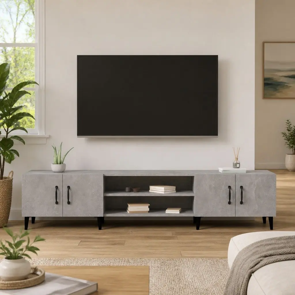 TV Cabinet Engineered Wood Grey 4 Door 4 Compartment Storage Unit