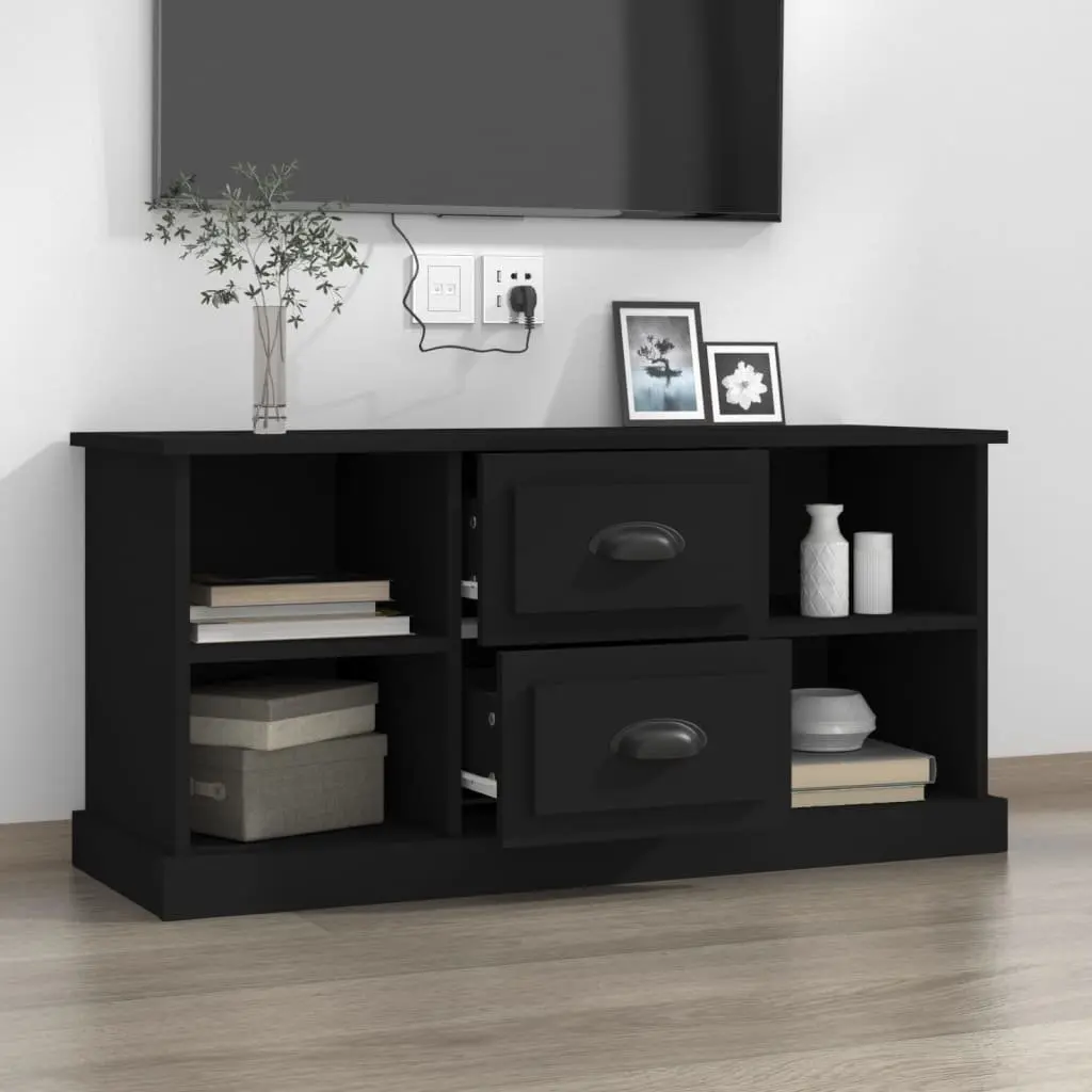Black TV Cabinet Storage Unit Engineered Wood with 4 Open Compartments and 2 Drawers 99.5x35.5x48 cm