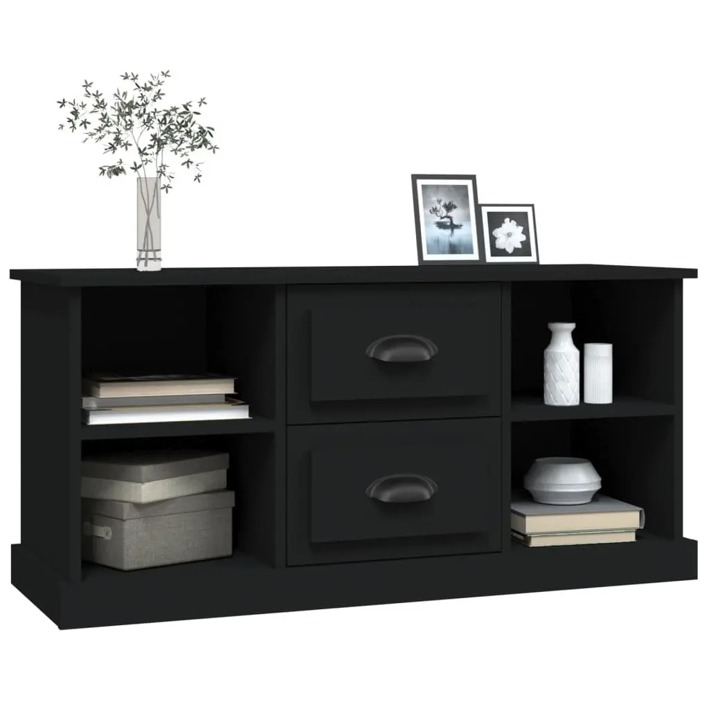 Black TV Cabinet Storage Unit Engineered Wood with 4 Open Compartments and 2 Drawers 99.5x35.5x48 cm