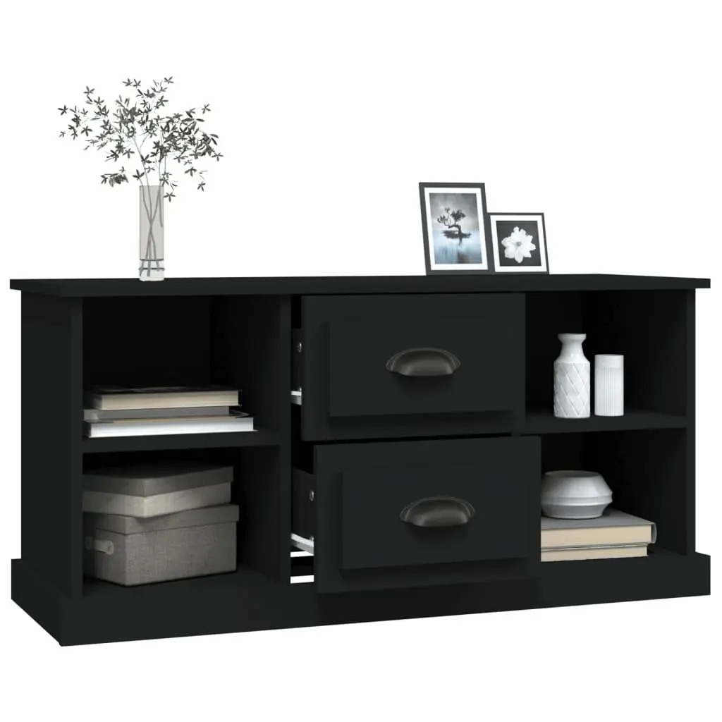 Black TV Cabinet Storage Unit Engineered Wood with 4 Open Compartments and 2 Drawers 99.5x35.5x48 cm
