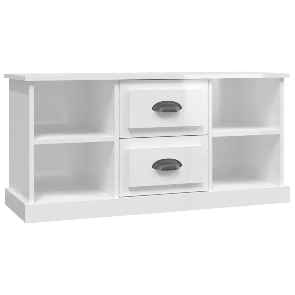 TV Cabinet Engineered Wood High Gloss White 99.5 x 35.5 x 48 cm with Drawers and Open Shelves