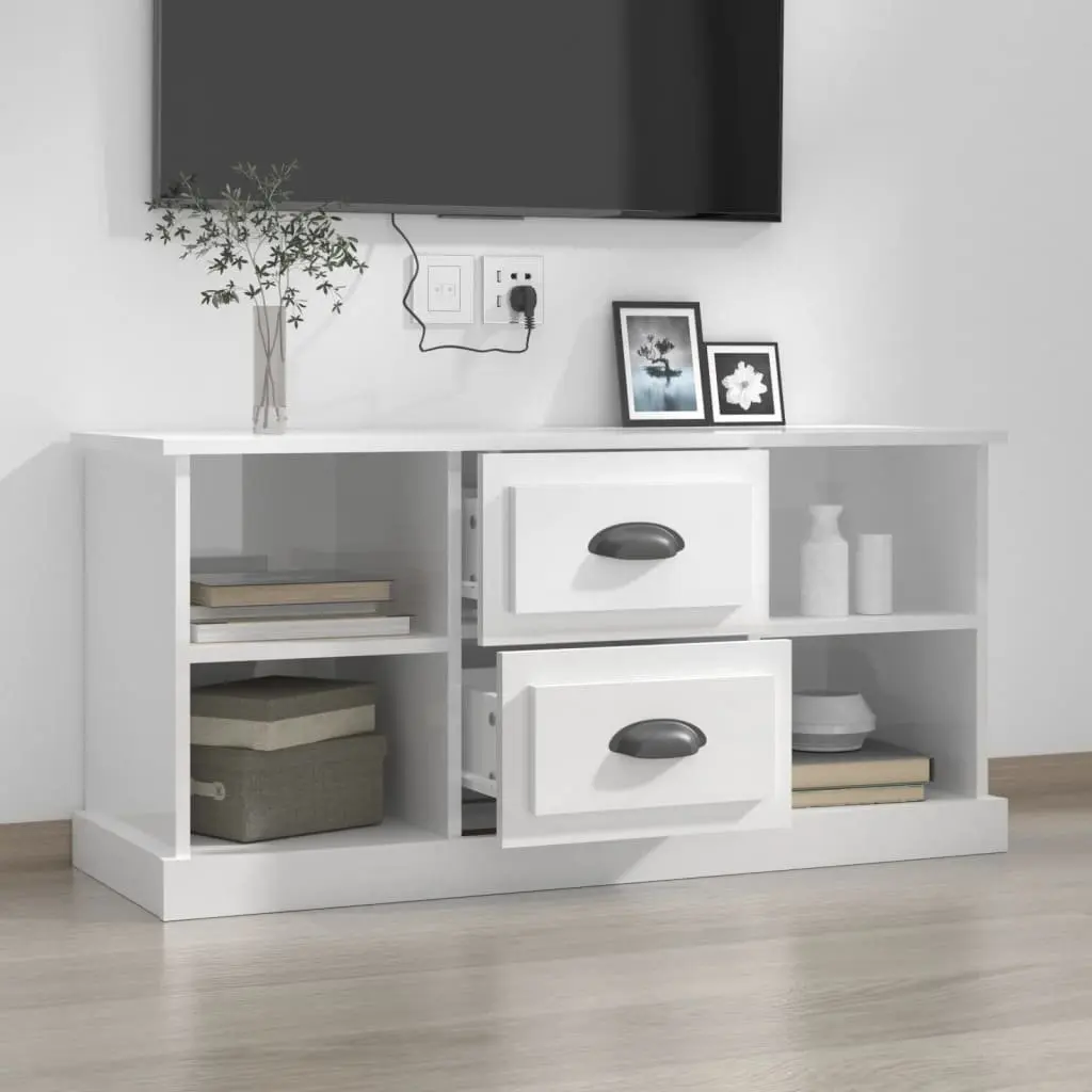 TV Cabinet Engineered Wood High Gloss White 99.5 x 35.5 x 48 cm with Drawers and Open Shelves