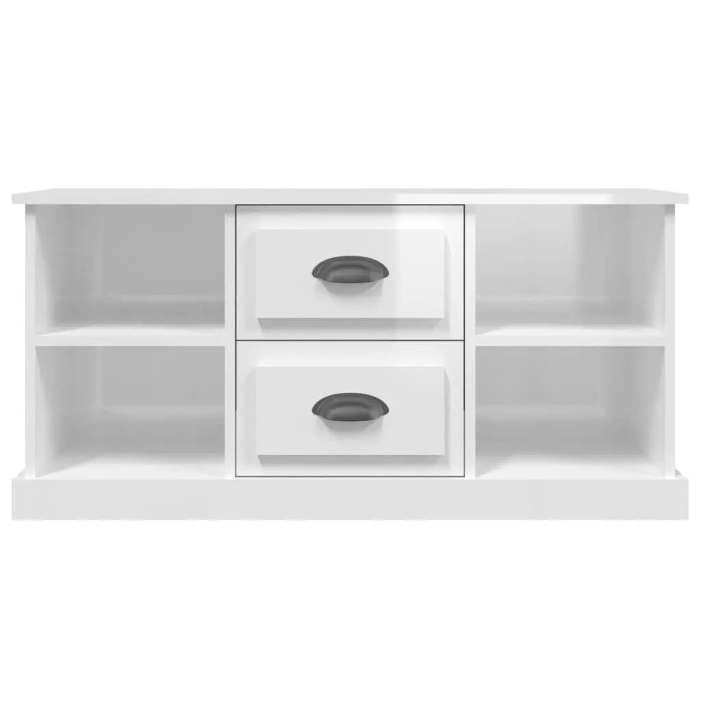TV Cabinet Engineered Wood High Gloss White 99.5 x 35.5 x 48 cm with Drawers and Open Shelves