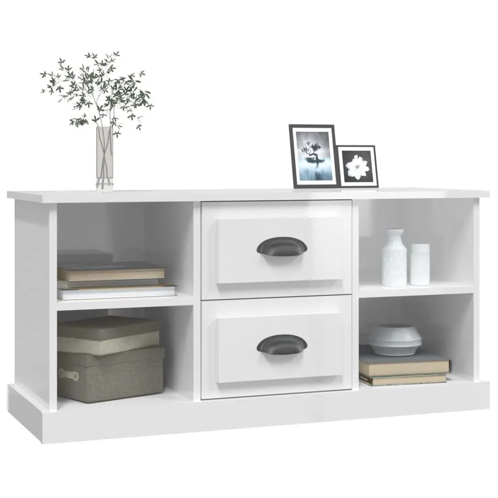 TV Cabinet Engineered Wood High Gloss White 99.5 x 35.5 x 48 cm with Drawers and Open Shelves