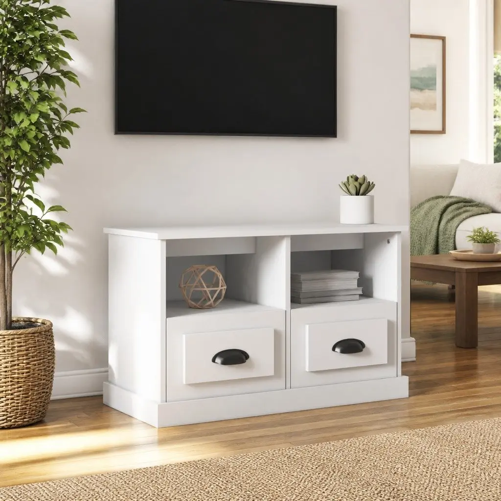 White TV Cabinet Engineered Wood 80x35x50 cm Storage Unit with Open Compartments and Drawers