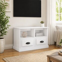 TV Cabinet White High Gloss 80x35x50cm Engineered Wood Storage Drawers