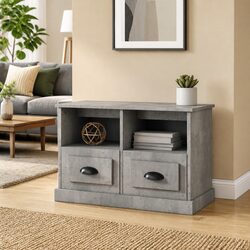 TV Cabinet Grey Storage Unit 2 Drawers Open Compartments Engineered Wood