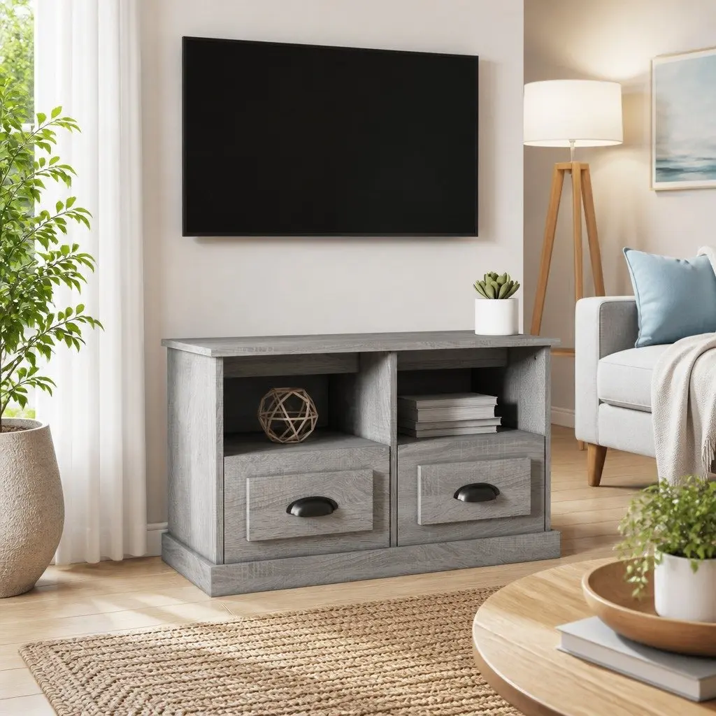 Grey Engineered Wood TV Cabinet with 2 Drawers and 2 Open Compartments 80x35x50cm Storage Unit