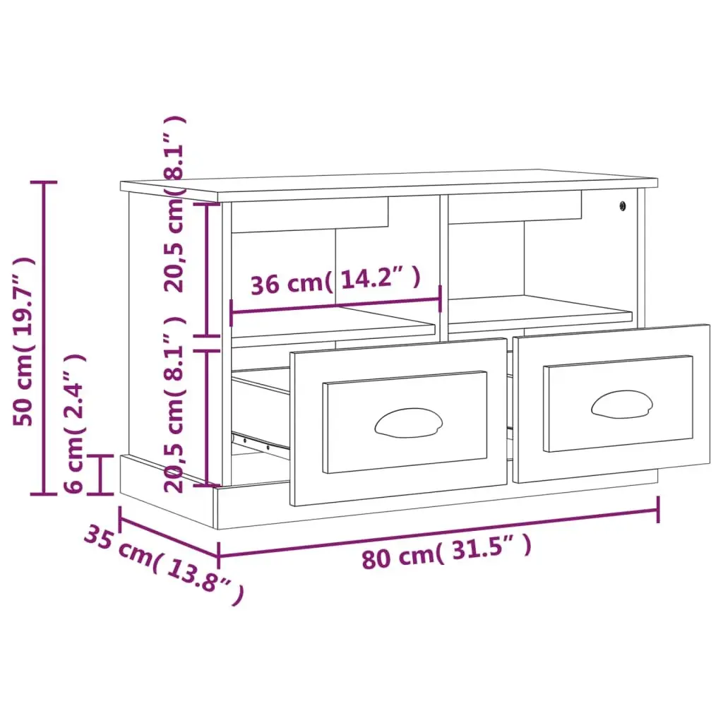 Grey Engineered Wood TV Cabinet with 2 Drawers and 2 Open Compartments 80x35x50cm Storage Unit
