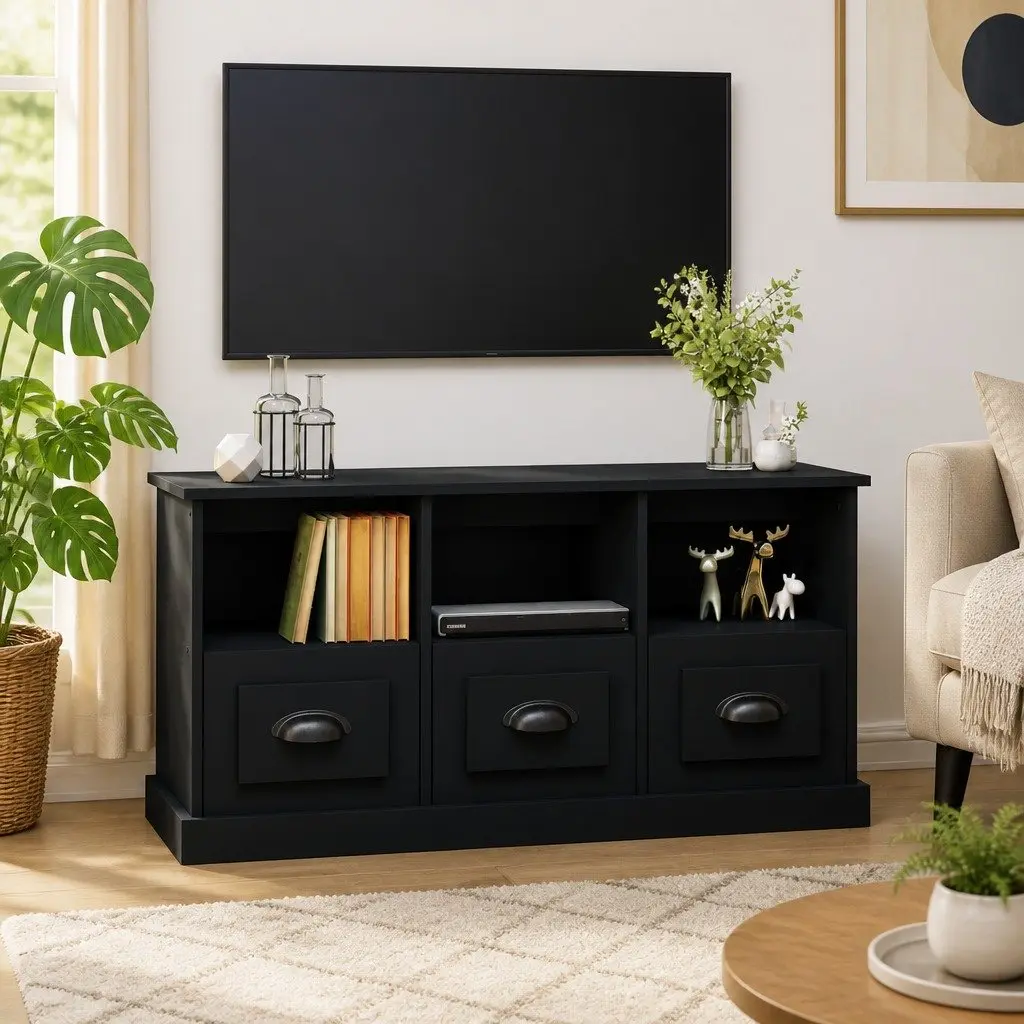 Black TV Unit for Organized Living Room Space