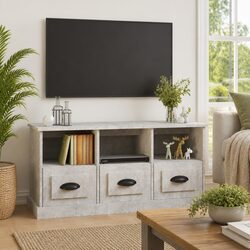 TV Cabinet Grey 100x35x50cm Engineered Wood Storage Unit 3 Drawers Open Shelves