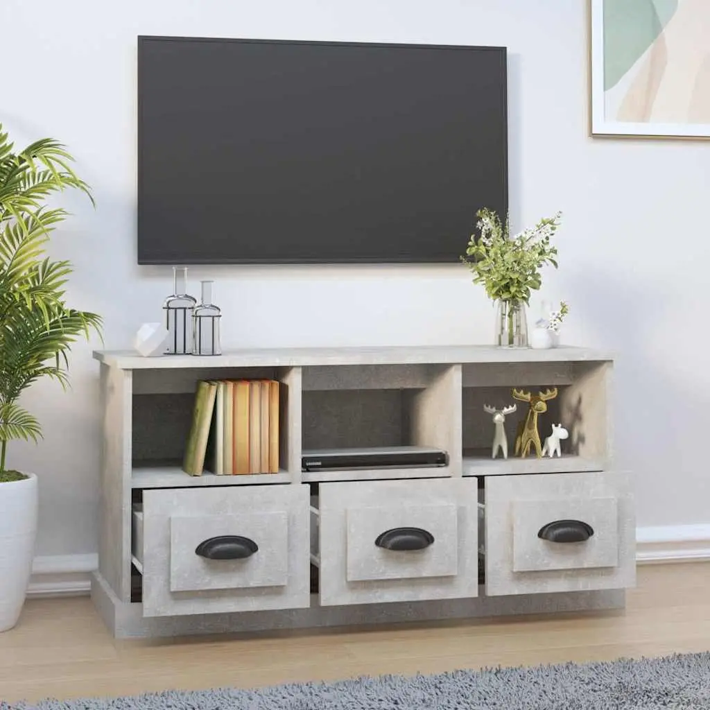 Grey TV Cabinet Engineered Wood Storage Unit 100cm with 3 Drawers and Open Shelves 35cm Depth 50cm Height