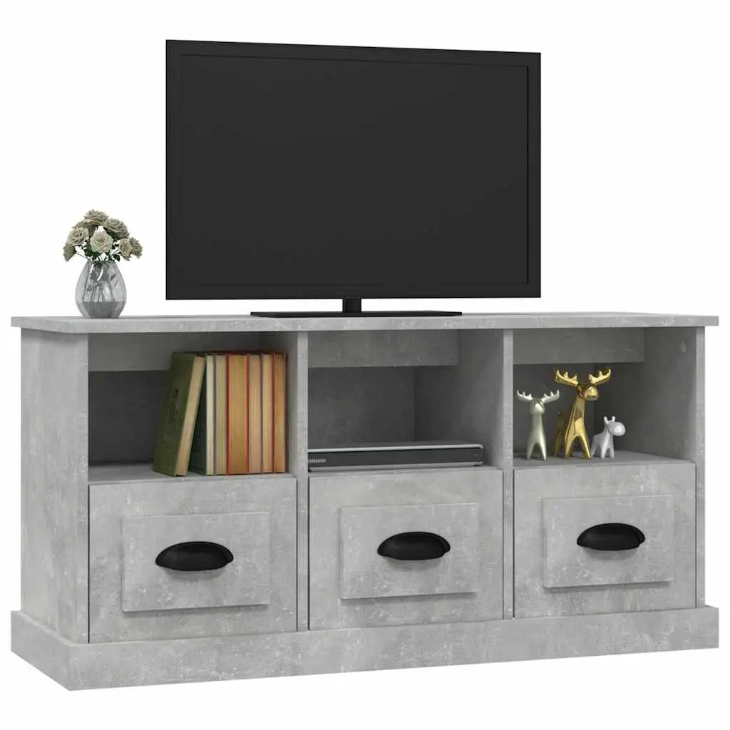 Grey TV Cabinet Engineered Wood Storage Unit 100cm with 3 Drawers and Open Shelves 35cm Depth 50cm Height