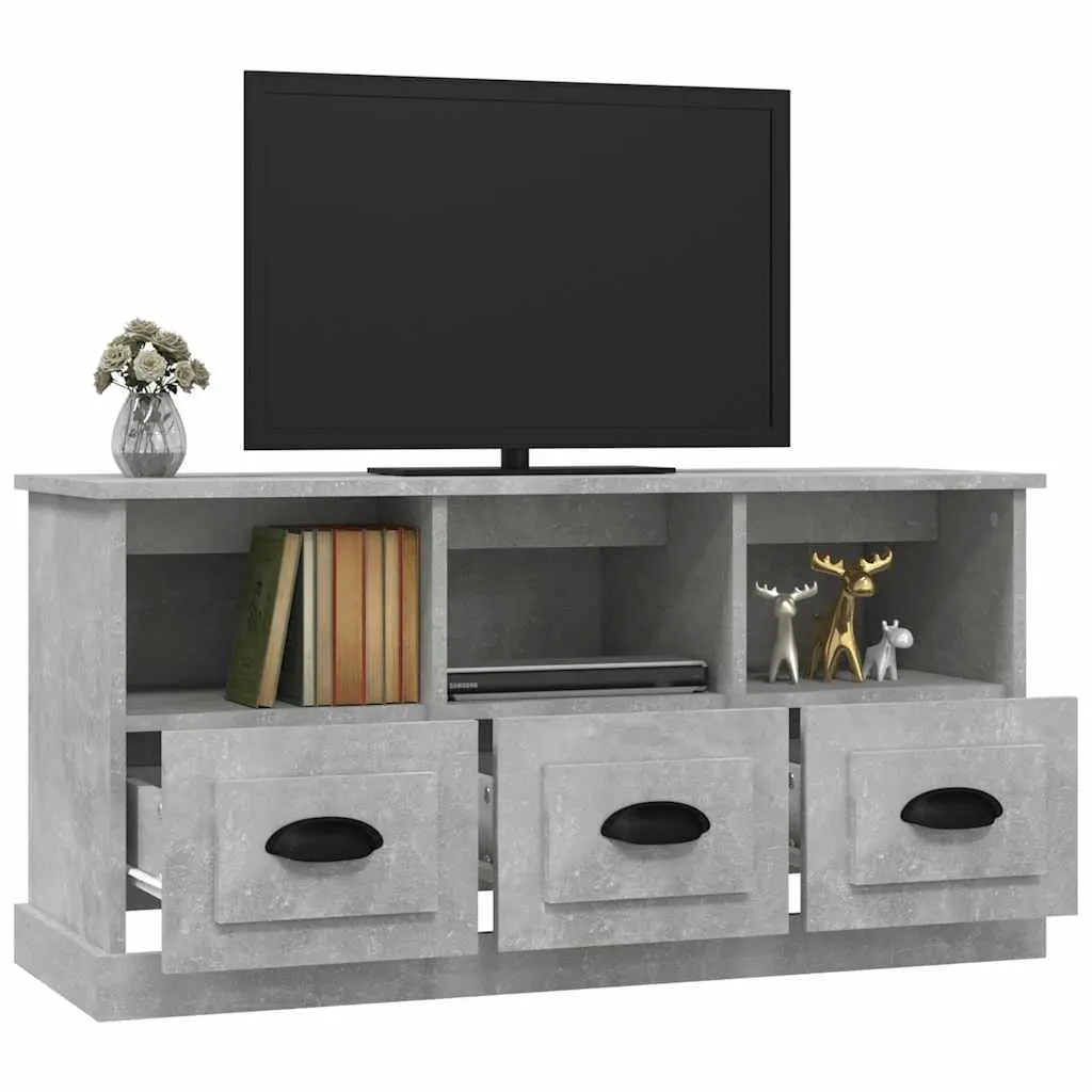 Grey TV Cabinet Engineered Wood Storage Unit 100cm with 3 Drawers and Open Shelves 35cm Depth 50cm Height