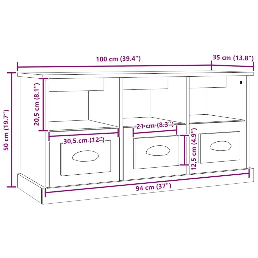 TV Stand Storage Unit Engineered Wood Grey Sonoma with 3 Drawers and 3 Open Compartments 100x35x50cm