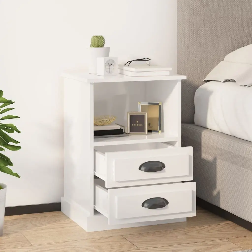 Bedside Cabinet Engineered Wood White High Gloss 2 Drawers Open Shelf