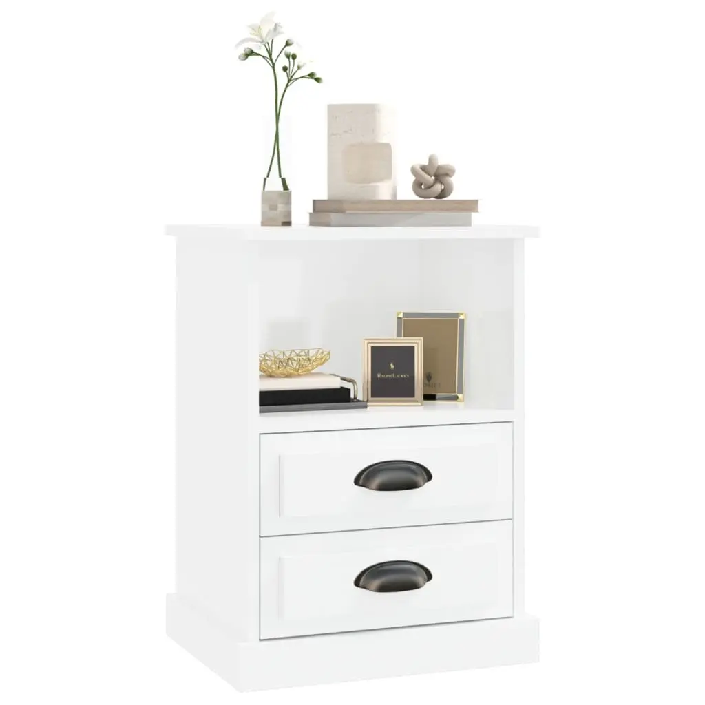Bedside Cabinet Engineered Wood White High Gloss 2 Drawers Open Shelf