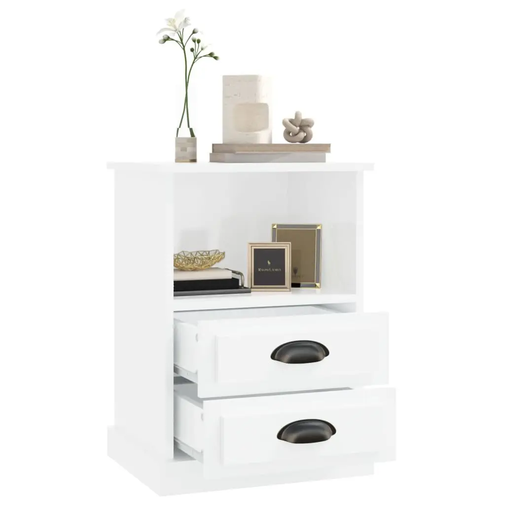 Bedside Cabinet Engineered Wood White High Gloss 2 Drawers Open Shelf