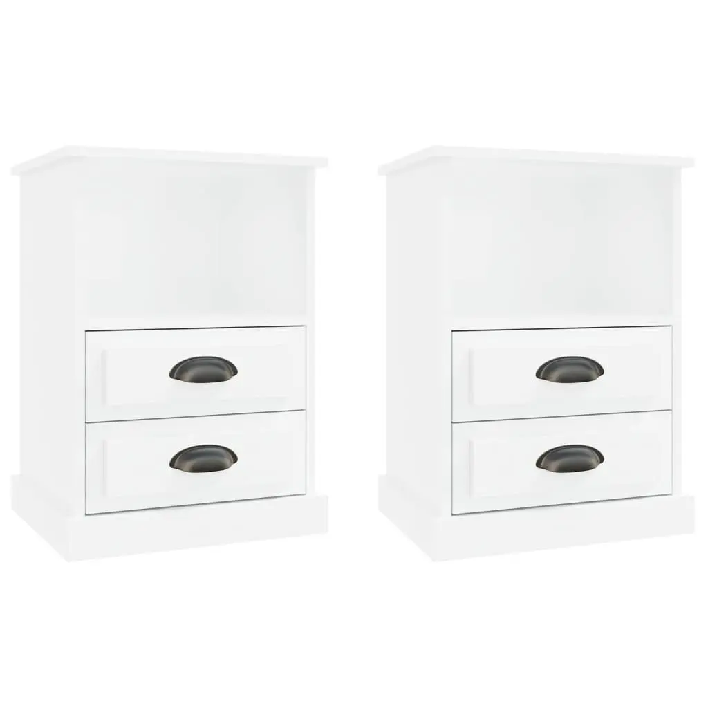 White High Gloss Bedside Cabinets 2 Piece Nightstands with Storage Drawers and Open Compartment Engineered Wood