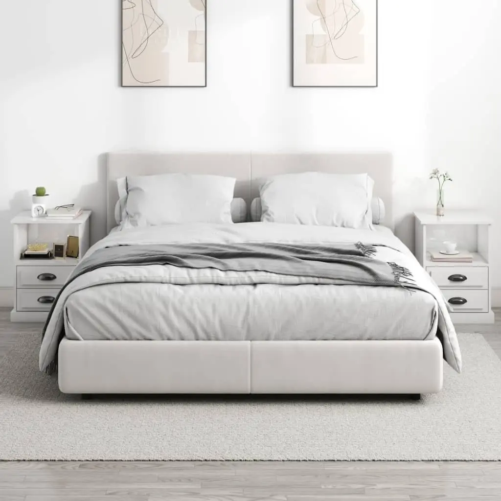 White High Gloss Bedside Cabinets 2 Piece Nightstands with Storage Drawers and Open Compartment Engineered Wood