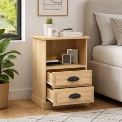 Bedside Table Cabinet 2 Drawers Open Compartment Storage Nightstand Sonoma Oak