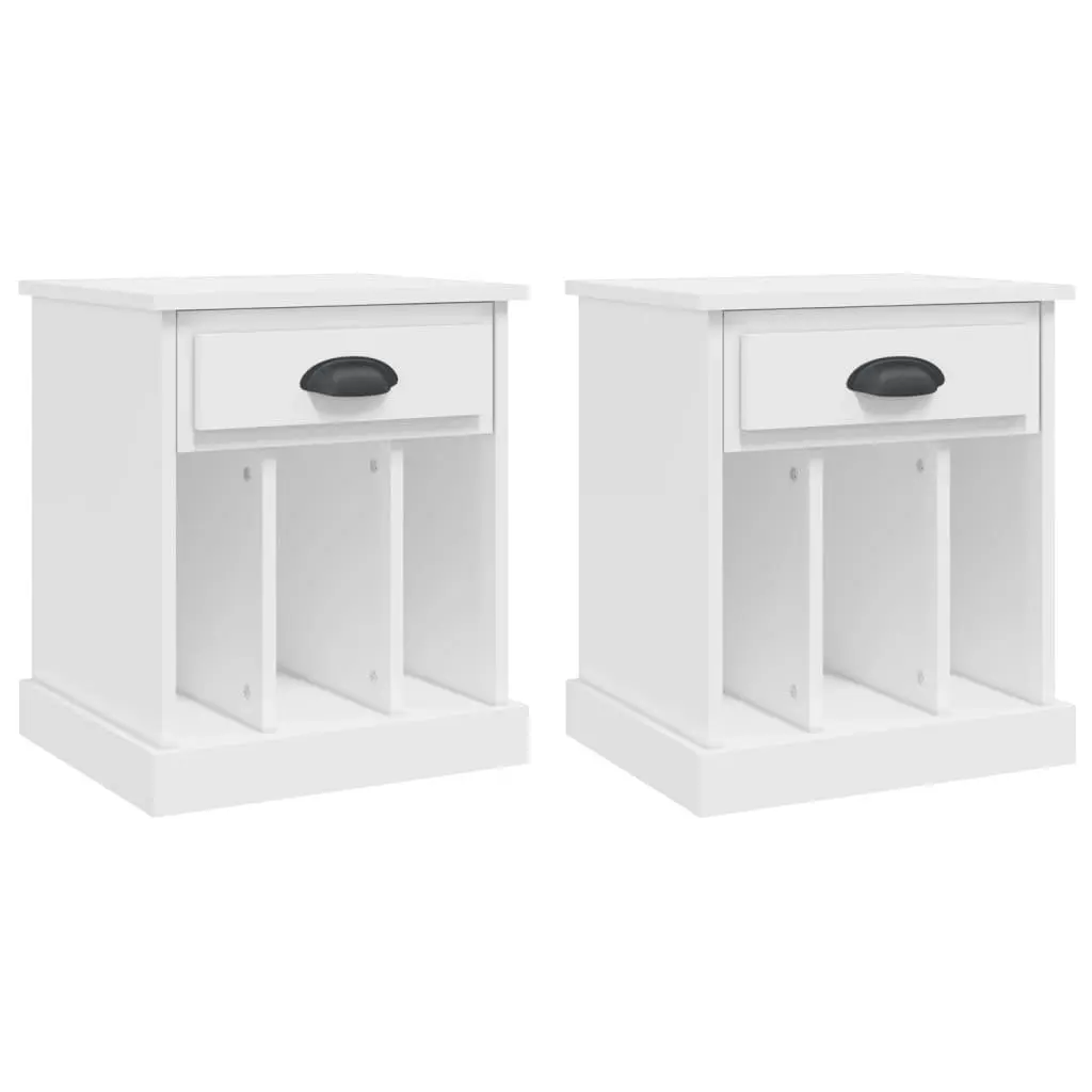 White Bedside Cabinet Engineered Wood Nightstand with Drawer and Three Storage Compartments Two Piece Set