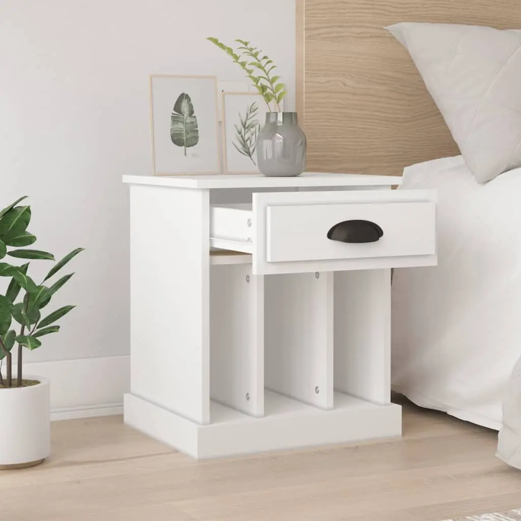 White Bedside Cabinet Engineered Wood Nightstand with Drawer and Three Storage Compartments Two Piece Set