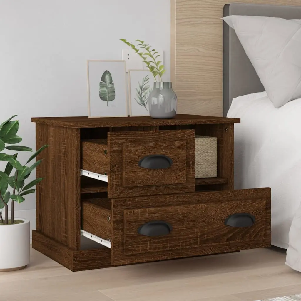 Bedside Cabinet Engineered Wood 60x39x45cm Brown Oak Storage Table with 2 Drawers for Bedroom Use