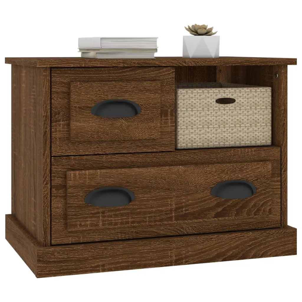 Bedside Cabinet Engineered Wood 60x39x45cm Brown Oak Storage Table with 2 Drawers for Bedroom Use