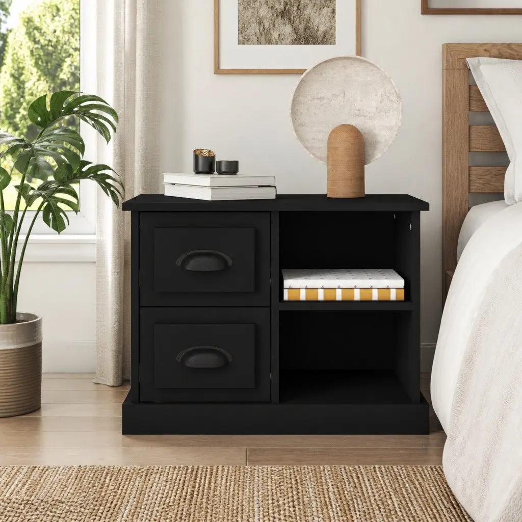 Black Bedside Table Engineered Wood Nightstand Storage 2 Drawers 60L x 35.5W x 45H cm
