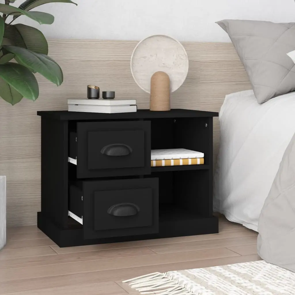 Black Bedside Table Engineered Wood Nightstand Storage 2 Drawers 60L x 35.5W x 45H cm
