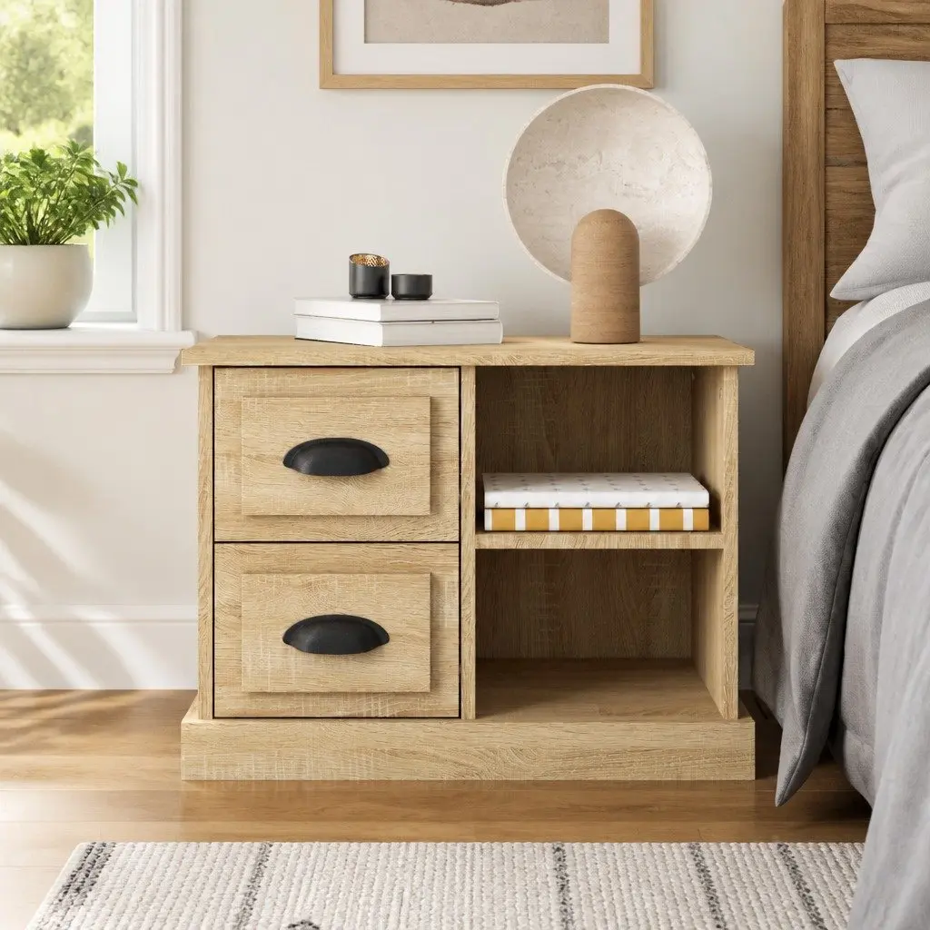 Bedside Cabinet Engineered Wood Brown 2 Drawers 2 Compartments