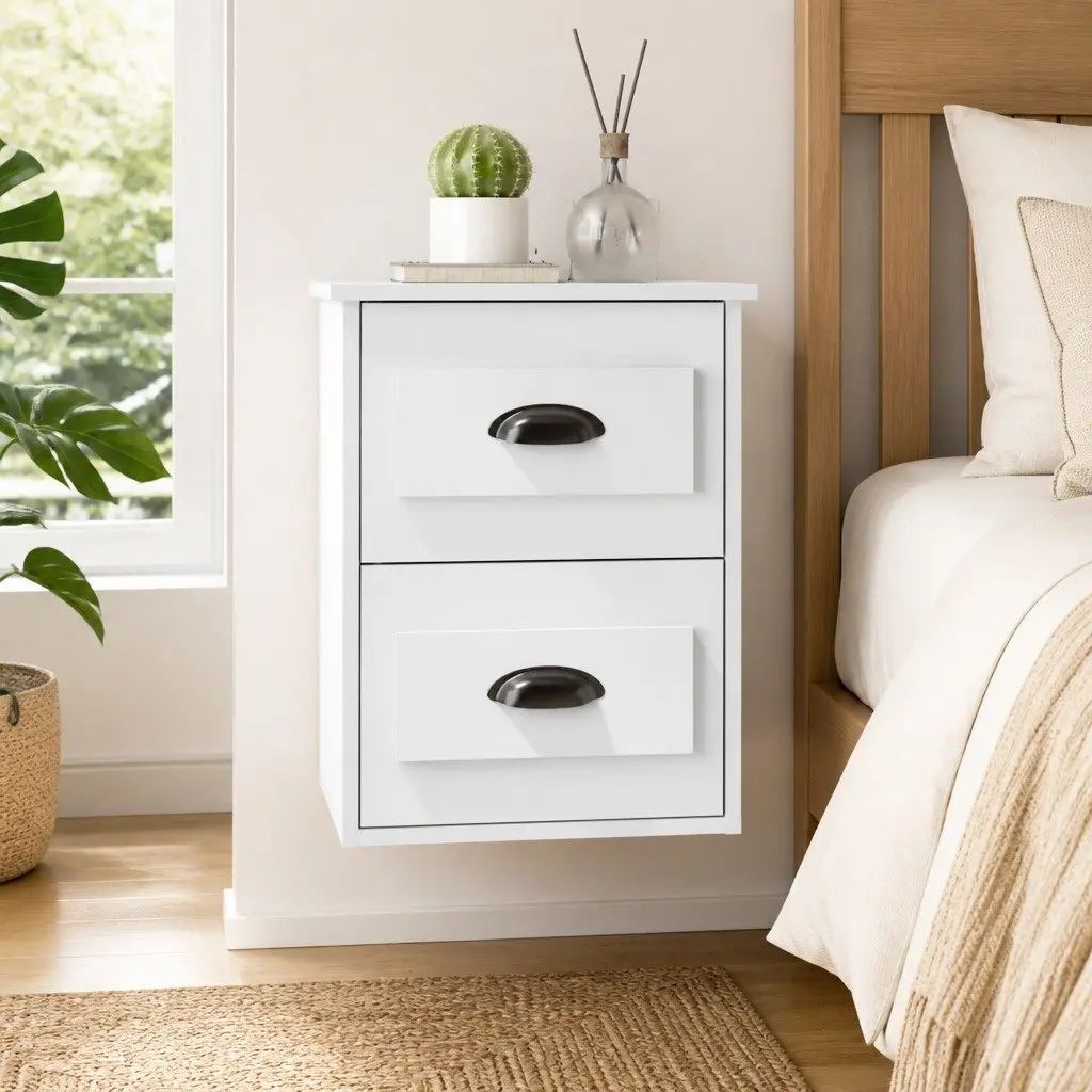 Wall-Mounted Bedside Cabinet White Engineered Wood Floating Storage 41.5x36x53cm with Two Drawers for Bedroom Organization