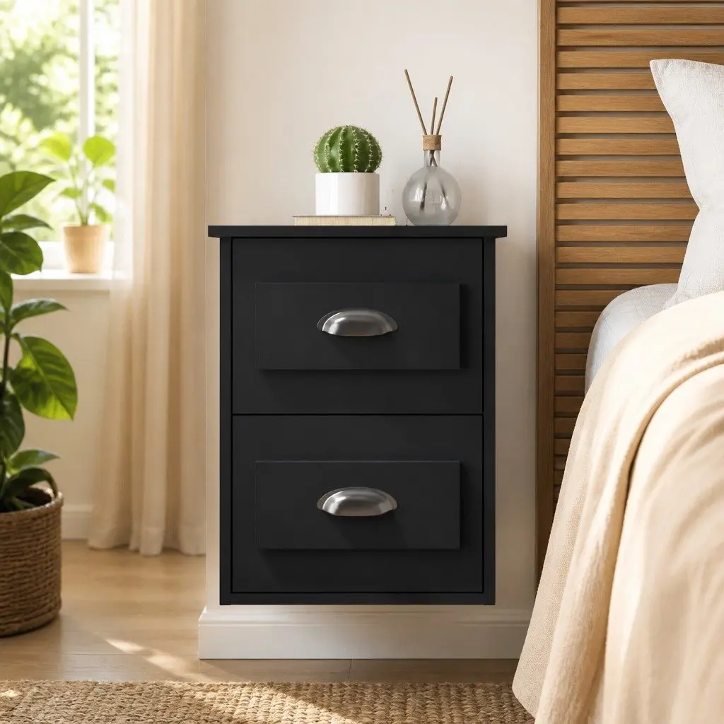 Wall-mounted Bedside Cabinet Black 41.5x36x53cm Floating Storage Unit Drawers