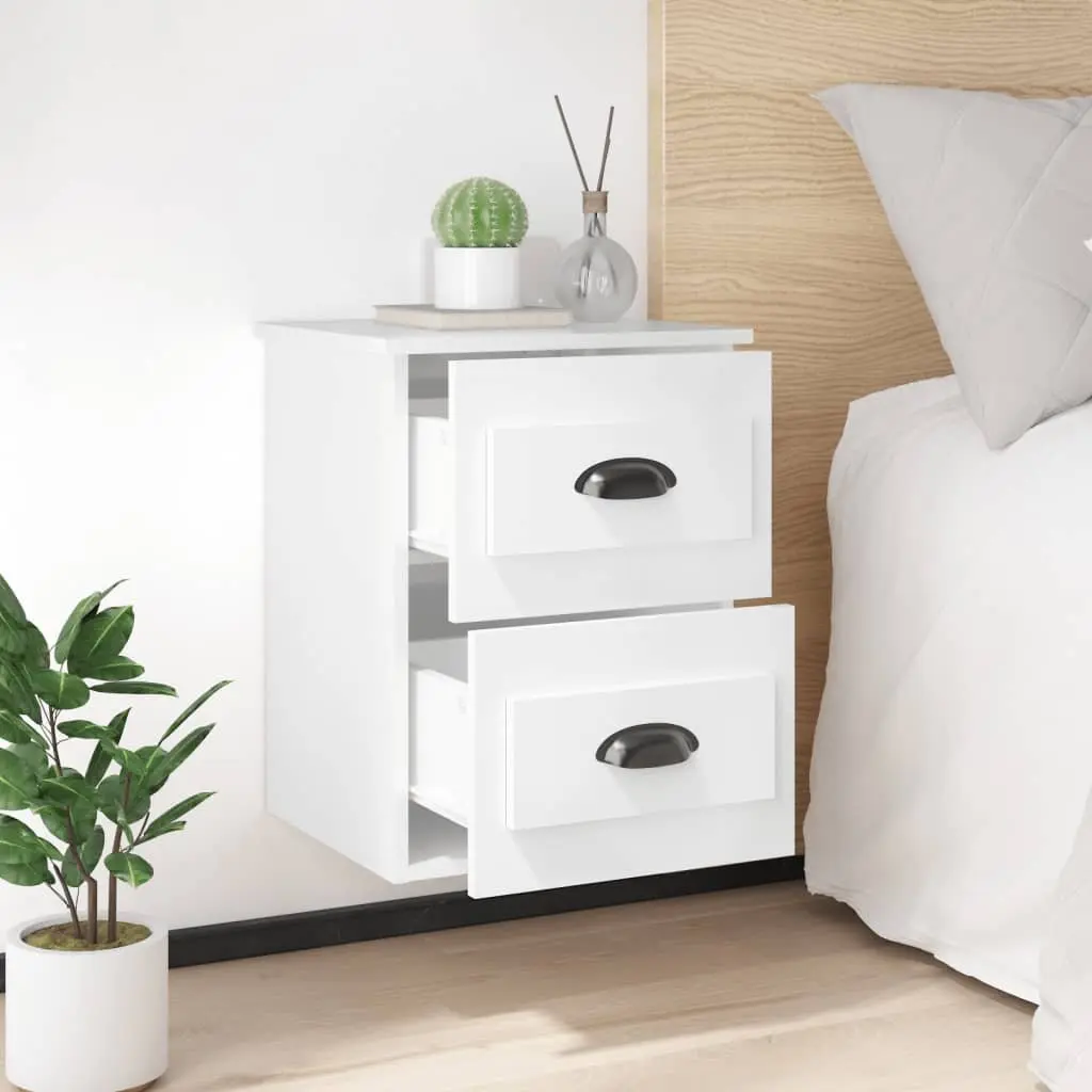 Bedside Table Engineered Wood Wall-mounted 2 Drawer White