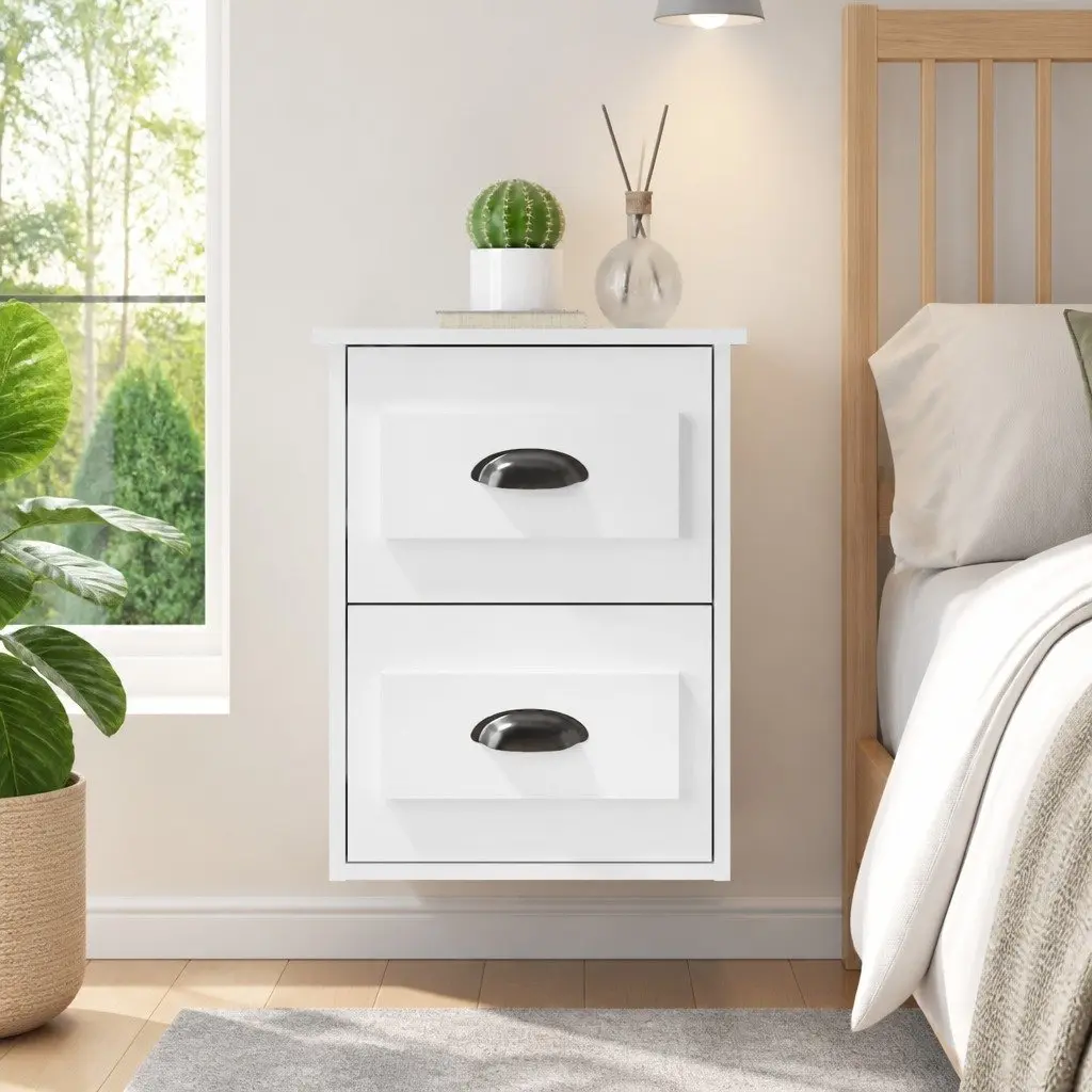 Wall-mounted Bedside Cabinet 2 Drawers Floating Storage White 41.5x36x53cm