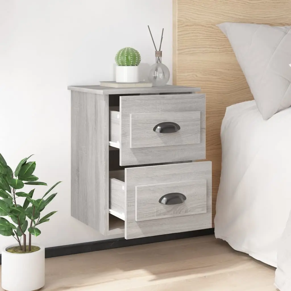 Wall Mounted Floating Storage Unit Grey Engineered Wood Bedside Cabinet with 2 Drawers