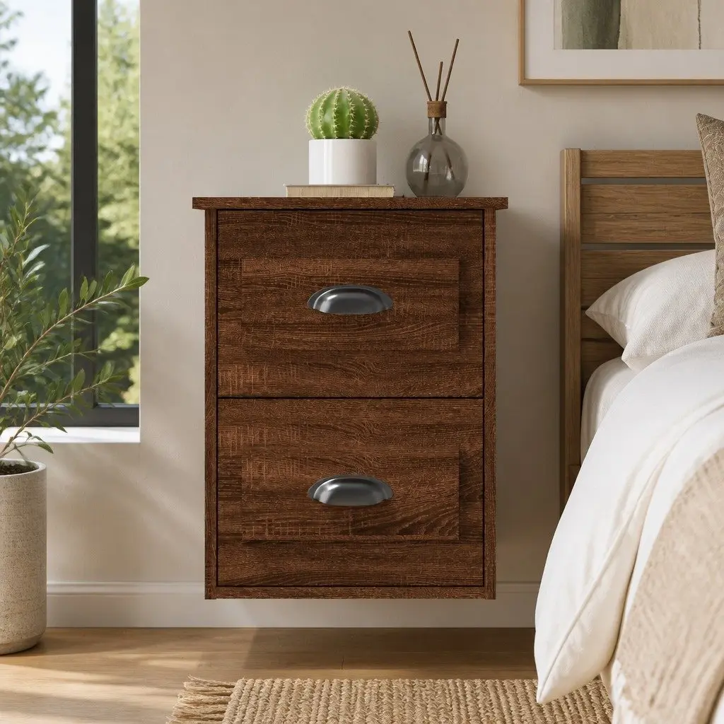 Wall-mounted Bedside Cabinet 2 Drawer Floating Storage Brown Oak 41.5x36x53cm