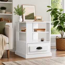 High Gloss White Storage Side Table for Living Room
