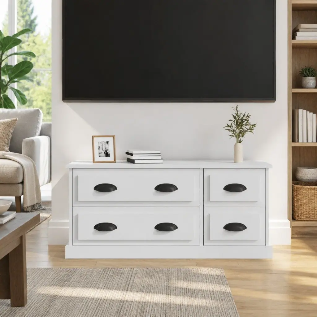 TV Cabinet Engineered Wood 100x35.5x45 cm High Gloss White 4 Drawers Storage