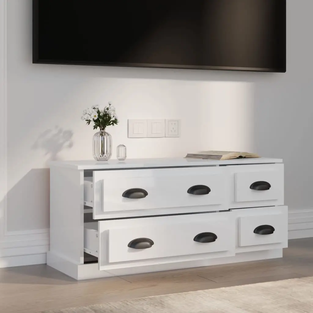 TV Cabinet Engineered Wood 100x35.5x45 cm High Gloss White 4 Drawers Storage