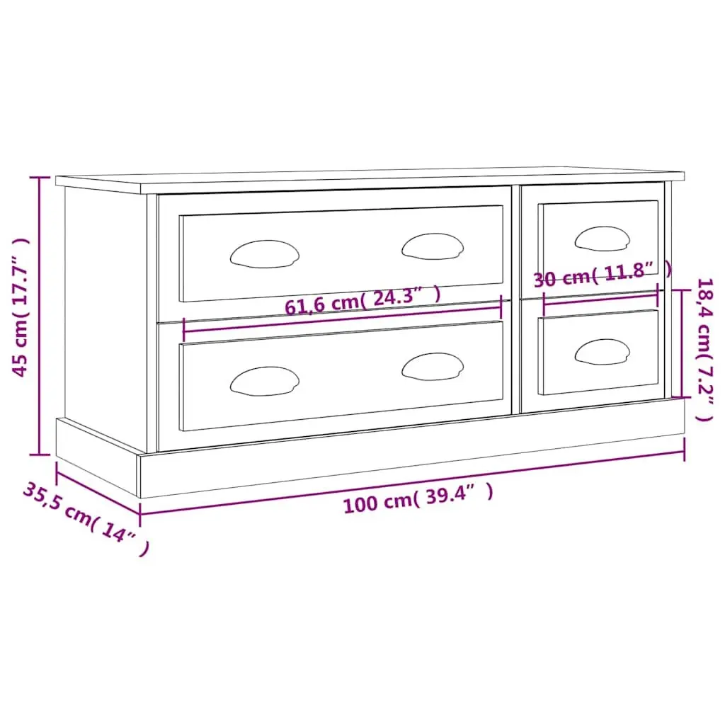 TV Cabinet Engineered Wood 100cm Grey 4 Drawers Storage Unit Media Stand Display