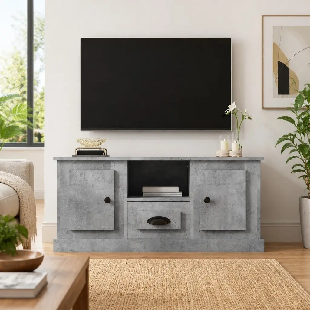 TV Cabinet Engineered Wood Grey Storage Unit with Shelves for Living Room