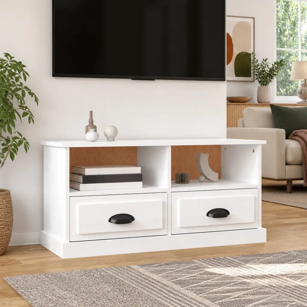 TV Cabinet White High Gloss Engineered Wood Storage Unit Drawers Compartments